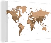 Canvas Wereldkaart - 30x20 - Wanddecoratie Wereldkaart - Bruin - Topografie