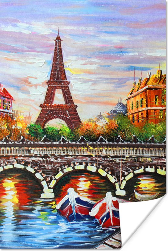 Poster Schilderij - Olieverf - Eiffeltoren - Parijs - Water - 20x30 cm