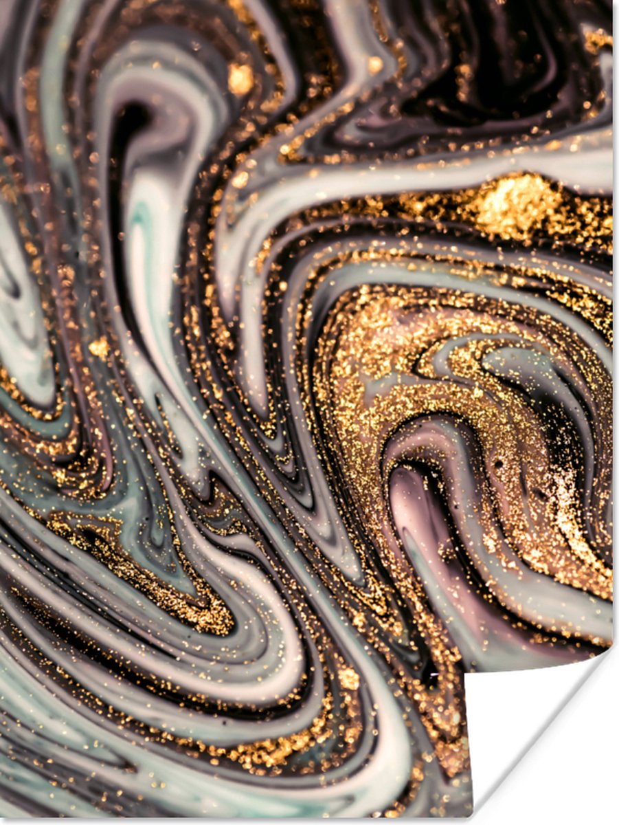 Poster Marmerlook - Goud - Glitter - Luxe - Marmer - Wit - 30x40 cm