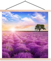 Posterhanger incl. Poster 90x90 cm - Schoolplaat - Lavendel - Boom - Zonsondergang - Paars - Textielposter - Blanke latten