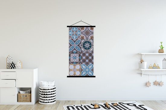Porte-affiche avec affiche - Affiche scolaire - Fleurs - Motifs - Blauw - Marron - 90x180 cm - Lattes noires