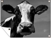 Muurdecoratie buiten Een Friese koe kijkt recht in de camera - zwart wit - 160x120 cm - Tuindoek - Buitenposter