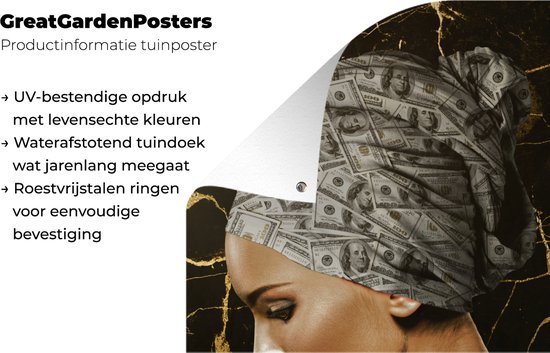 Tuinposter 80x120 cm - Tuindecoratie Vrouw - Hoofddoek - Bankbiljetten - Poster voor in de tuin - Buiten decoratie - Schutting tuinschilderij - Tuindoek muurdecoratie - Wanddecoratie balkondoek