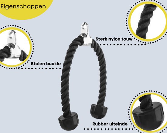 Zwarte tricep rope met chromen oog en rubberen uiteinden. Kenmerken: stalen gesp, sterk nylon touw.