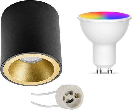 Opbouwspot Set GU10 - Oficto - Smart LED - Wifi LED - Slimme LED - 5W - RGB+CCT - Aanpasbare Kleur - Dimbaar - Afstandsbediening - Proma Cliron Pro - Opbouw Rond - Mat Zwart/Goud - Verdiept - Ø90mm