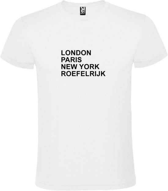 wit T-Shirt met London,Paris, New York , Roefelrijk tekst Zwart Size S