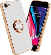 Cadorabo Hoesje voor Apple iPhone 7 / 7S / 8 / SE 2020 in Glossy Wit - Goud met ring - Beschermhoes van flexibel TPU-silicone Case Cover met camerabescherming en magnetische autohouder