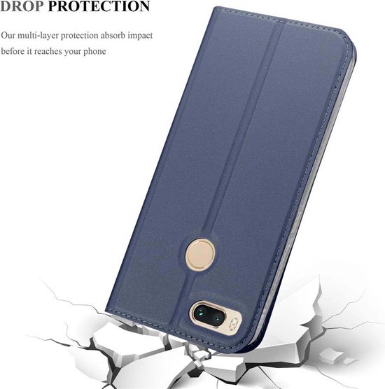 Étui de téléphone bleu foncé avec rabat, protège contre les chutes grâce à une absorption d'impact multicouche.