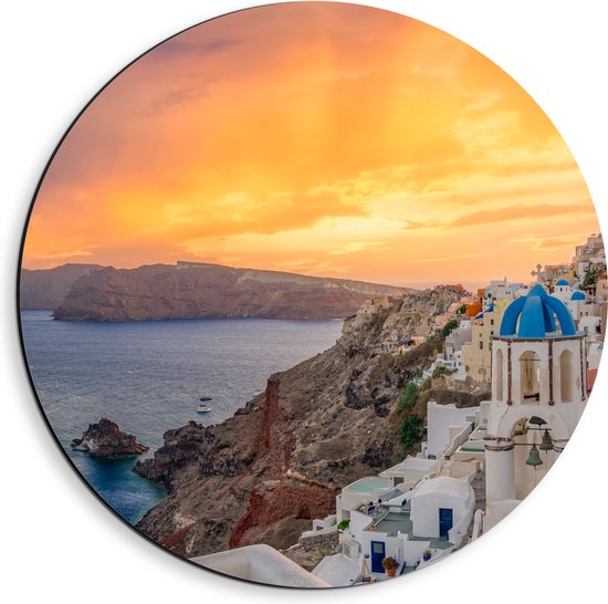 Dibond Muurcirkel - Zonsondergang op het Griekse eiland Santorini - 40x40 cm Foto op Aluminium Muurcirkel (met ophangsysteem)