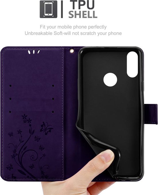 Cadorabo Hoesje geschikt voor Honor 8C in BLOEMEN DONKER PAARS - Beschermhoes in bloemmotief met magnetische sluiting, standfunctie en kaartsleuven Book Case Cover Etui