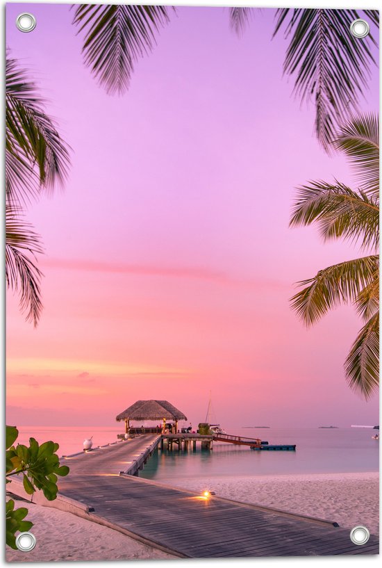 Tuinposter – Maledieven Resort op het Water met Pastelkleurige Lucht - 40x60 cm Foto op Tuinposter (wanddecoratie voor buiten en binnen)