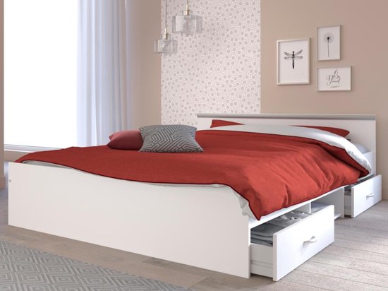 Bed met opbergruimte 140 x 190 cm - 2 laden en 1 nis - Kleur: wit + bedbodem - PABLO L 145.8 cm x H 58.9 cm x D 193 cm
