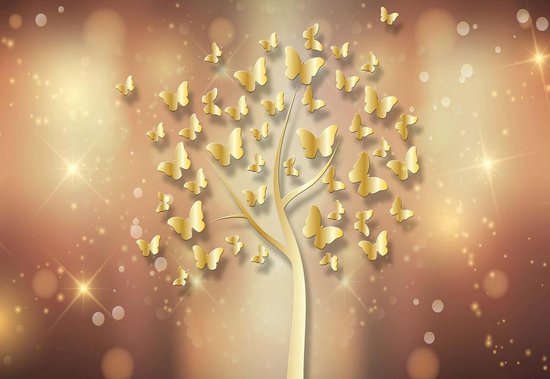 Papier peint Papillon Moderne Or Arbre | VEXXL - 312 cm x 219 cm | Polaire 130gr / m2