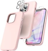 Hoesje Geschikt voor iPhone 14 Pro Max – Liquid siliconen backcover met 2x glazen screenprotector en camera lens protector – Licht Roze