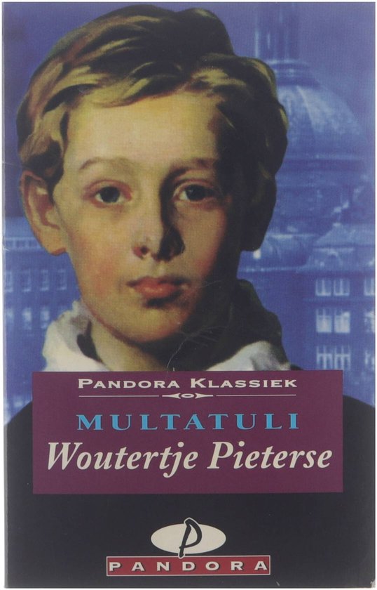 Boekcover met schilderij van een jongen, titel 'Multatuli Woutertje Pieterse'.