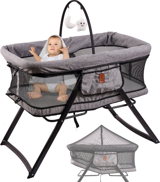 Lulilo Vojago opvouwbare babywieg / co sleeper met klamboe - Draagbare wieg - Opvouwbaar baby bedje - ideaal als co sleeper of campingbedje - Met schommel functie - Grijs
