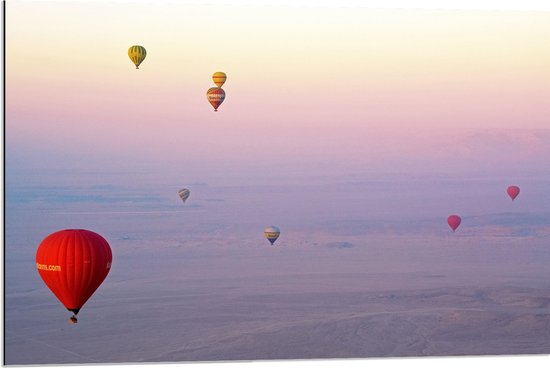 WallClassics - Dibond - Ballonvaarten in Verschillende Luchtballonnen - 90x60 cm Foto op Aluminium (Wanddecoratie van metaal)