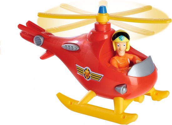 Rode Brandweerman Sam helikopter met draaiende rotor en Tom.