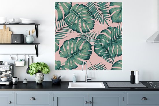 Muurstickers - Sticker Folie - Bladeren - Roze - Patroon - Meisjes - Kinderen - Groen - Kindje - 100x100 cm - Plakfolie - Muurstickers Kinderkamer - Zelfklevend Behang XXL - Zelfklevend behangpapier - Stickerfolie