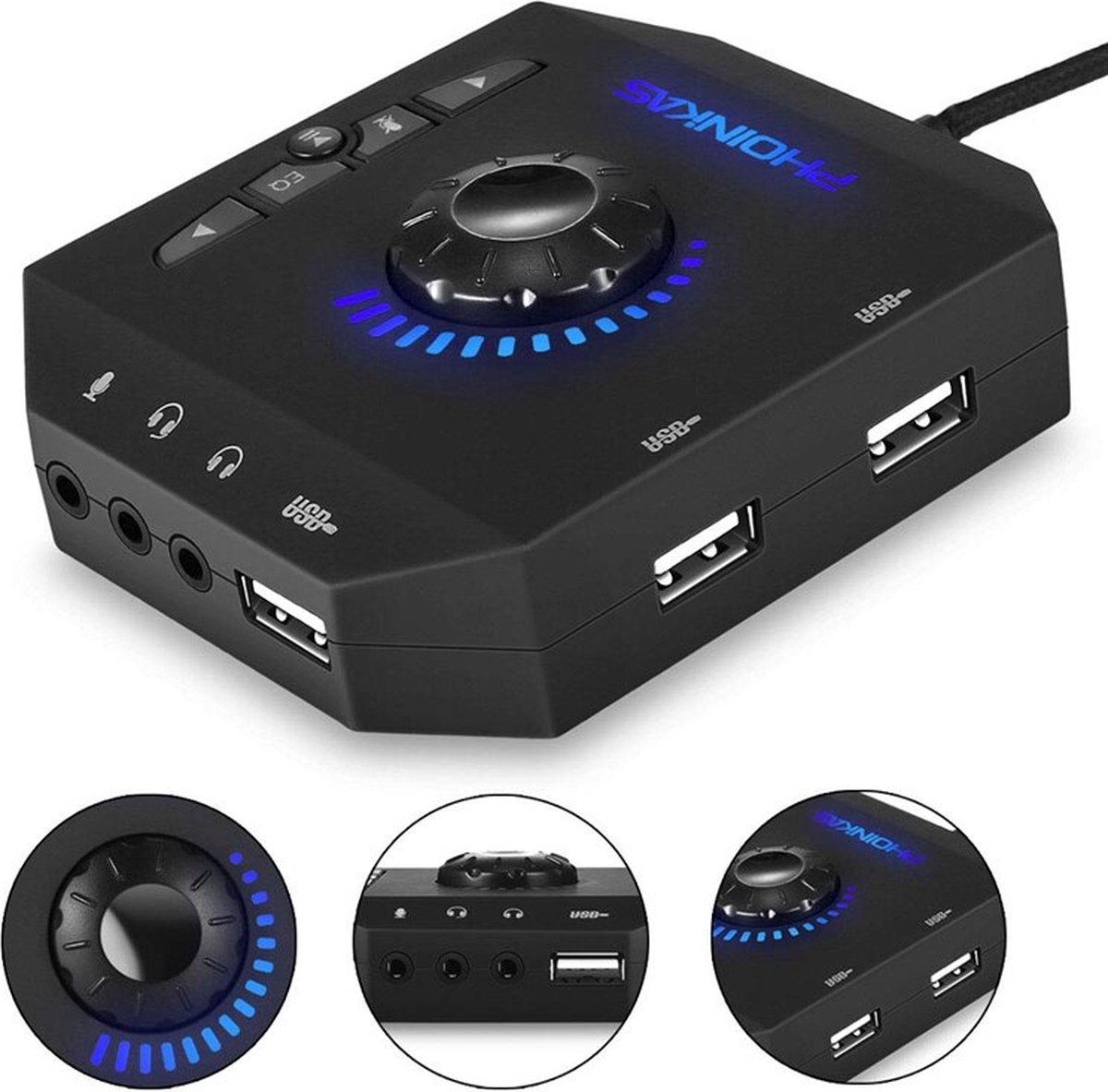 T10 externe geluidskaart, USB Hub - PHOINIKAS USB-audioadapter voor pc Windows, Mac, Linux, laptops, desktops, stereogeluidskaart met 3,5 mm-interface Port en USB-interface, volumeregeling, plug & play (6-in-1, zwart)