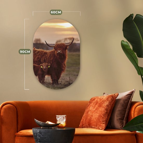 Wall Oval - Décoration murale en plastique - Peinture ovale - Highlander écossais - Animaux - Paysage - Coucher de soleil - 60x90 cm - Forme miroir ovale sur plastique