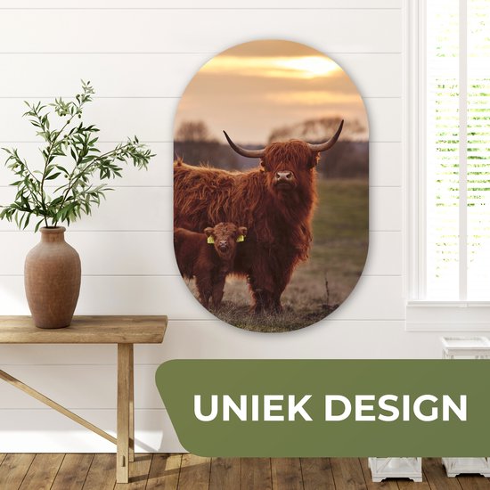 Wall Oval - Décoration murale en plastique - Peinture ovale - Highlander écossais - Animaux - Paysage - Coucher de soleil - 60x90 cm - Forme miroir ovale sur plastique