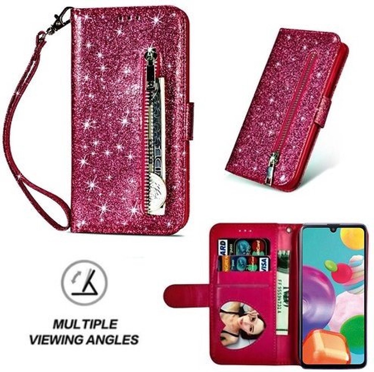 Samsung A41 Glitter Hoesje Met Pasjeshouder Bookcase Roze