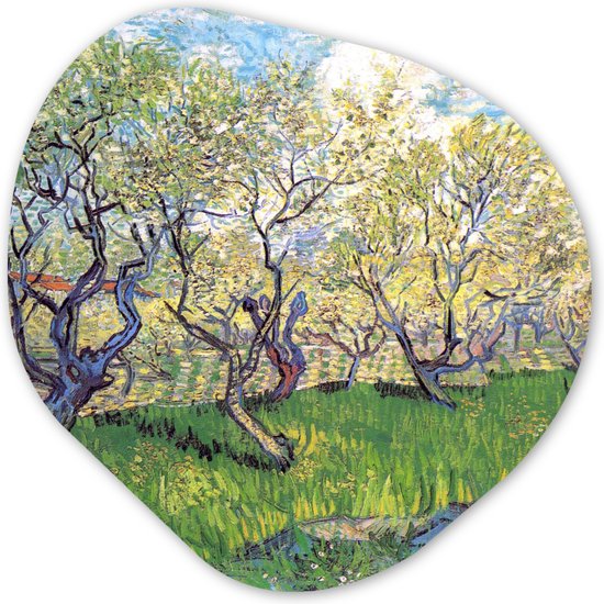 Organische Wanddecoratie - Kunststof Muurdecoratie- Organisch Schilderij - Boomgaard met bloeiende pruimenbomen - Vincent van Gogh- 90x90 cm - Organische spiegel vorm op kunststof