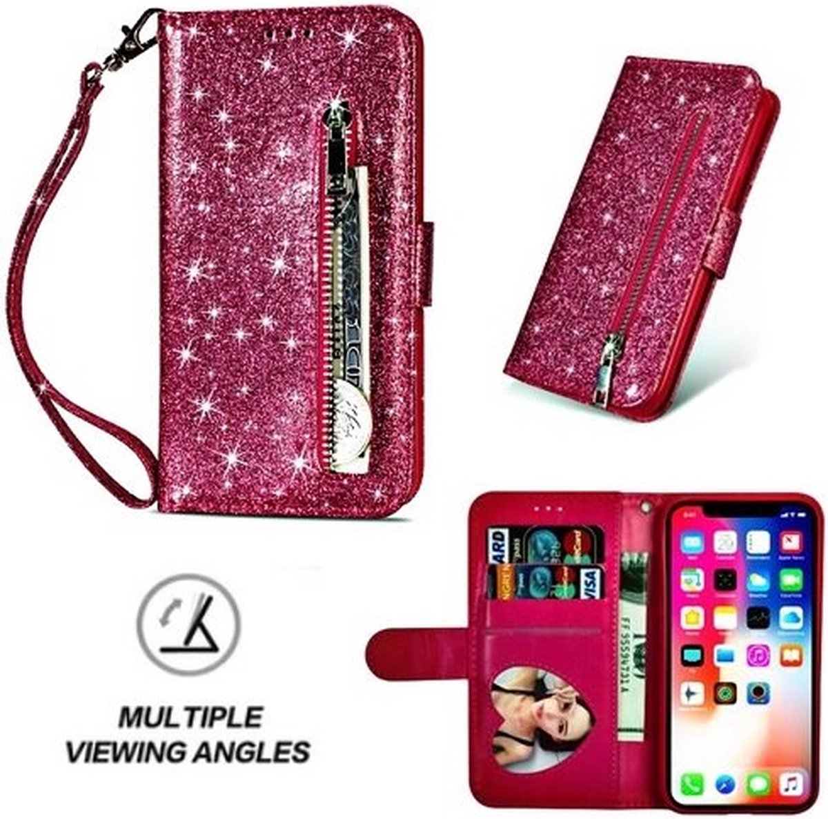 iPhone X Glitter Hoesje Met Pasjeshouder Bookcase Roze
