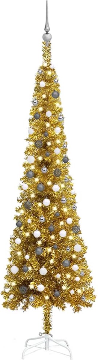 Prolenta Premium - Kerstboom met LED's en kerstballen smal 240 cm goudkleurig