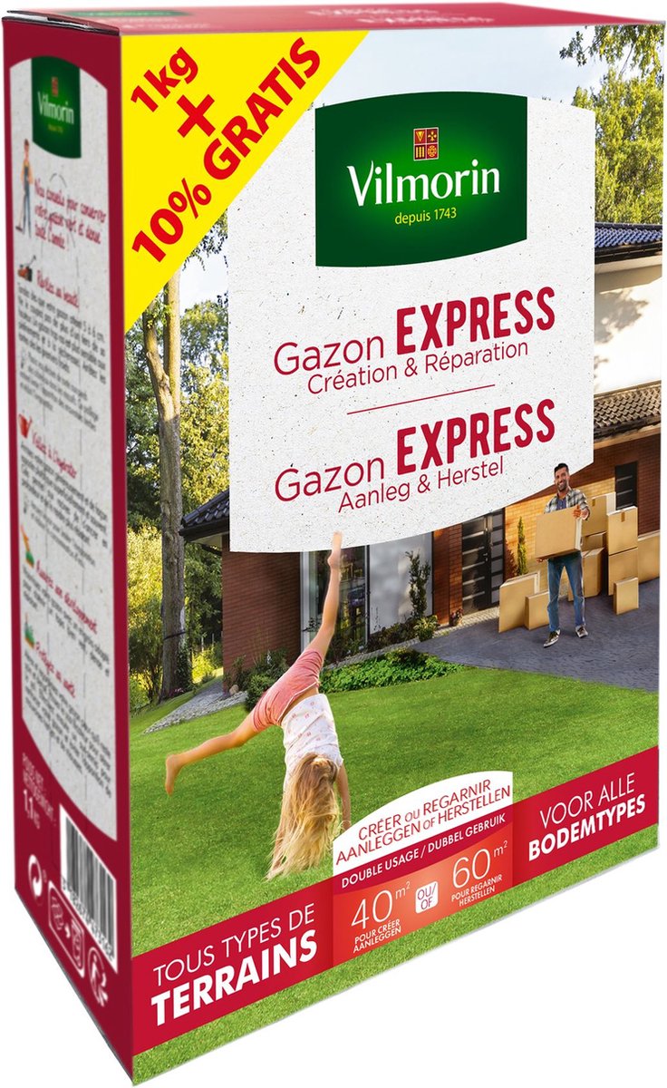 Vilmorin graszaad Gazon Express voordeelverpakking - voor aanleg en herstel - 1,1kg tot 60m²