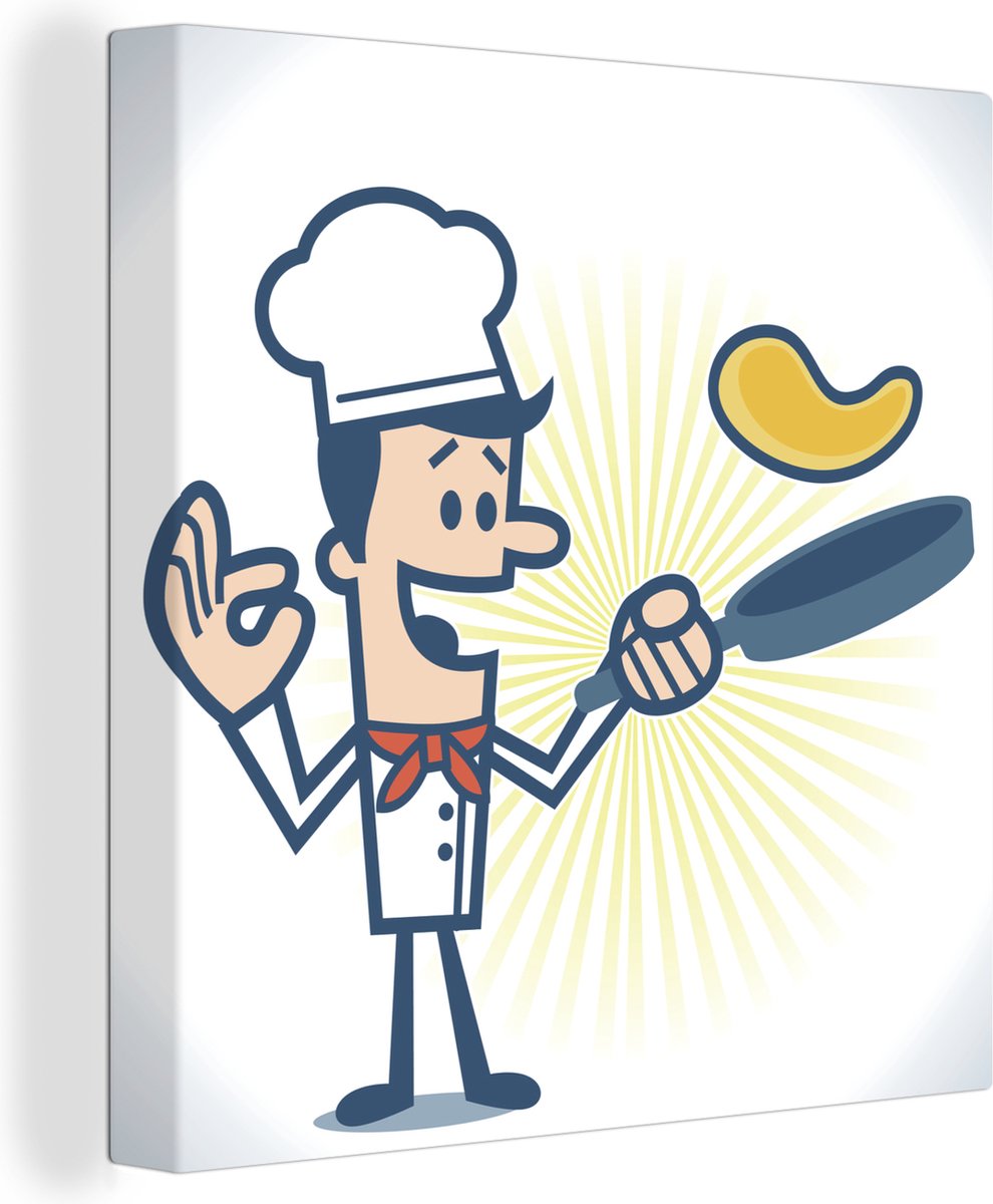 Canvas Schilderij Illustratie van een chef kok met een braadpan - 20x20 cm - Wanddecoratie