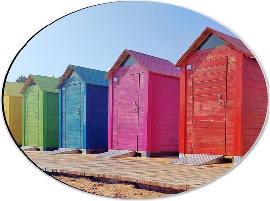 WallClassics - Dibond Ovaal - Gekleurde Strandhuisjes - 40x30 cm Foto op Ovaal (Met Ophangsysteem)