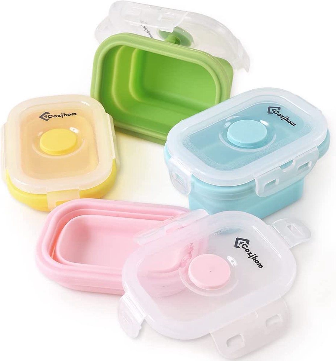 Cozihom Opvouwbare siliconen voedselopslagcontainer met clip-on deksel, stapelbaar, ruimtebesparend, magnetron/koelkast/vriezer/vaatwasmachinebestendig, BPA-vrij, 5 oz/150 ml, 4 verpakkingen