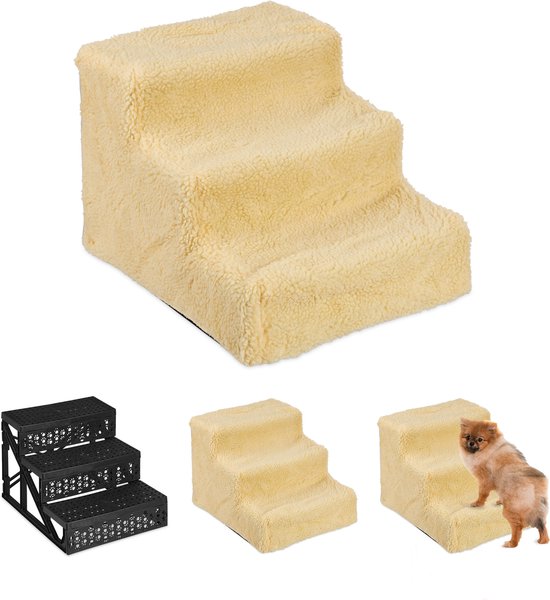 Relaxdays hondentrap 3 treden - trapje voor honden - opstapje hond - binnen - hondentrapje - beige