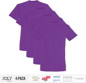 4 Pack Sol's Heren T-Shirt 100% biologisch katoen Ronde hals Paars Maat S
