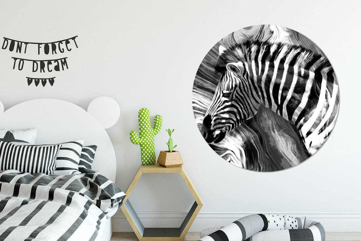 WallCircle - Wandcirkel - Muurcirkel - Schilderij - Olieverf - Zebra - Dieren - Zwart - Wit - Aluminium - Dibond - 140x140 cm - Binnen en Buiten