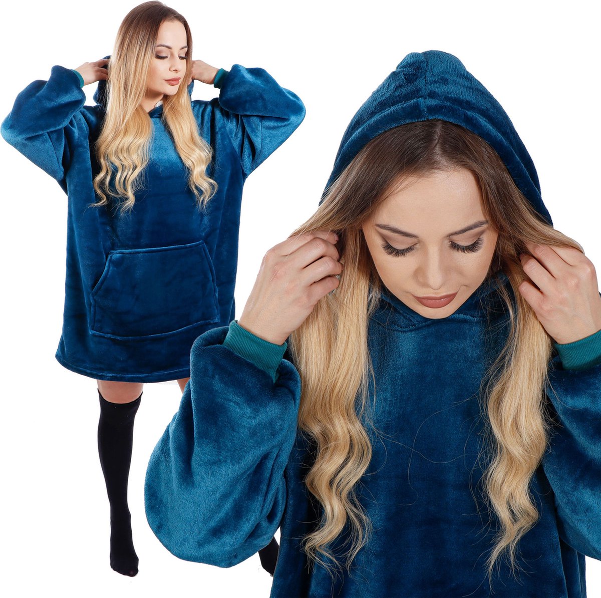 Springos Hoodie Deken - Deken Met Mouwen - One Size - Blauw