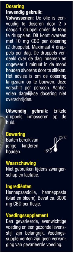 Dosering, bewaren en waarschuwing voor Lucovitaal CBD olie 10%, 30 ml. Niet gebruiken tijdens zwangerschap en lactatie.