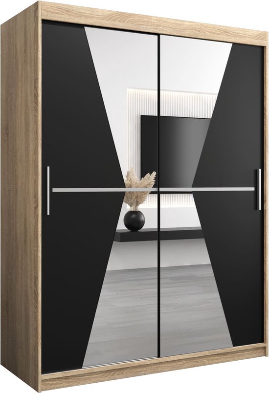 Kast met twee spiegelende schuifdeuren met zwarte accenten en een houten frame.