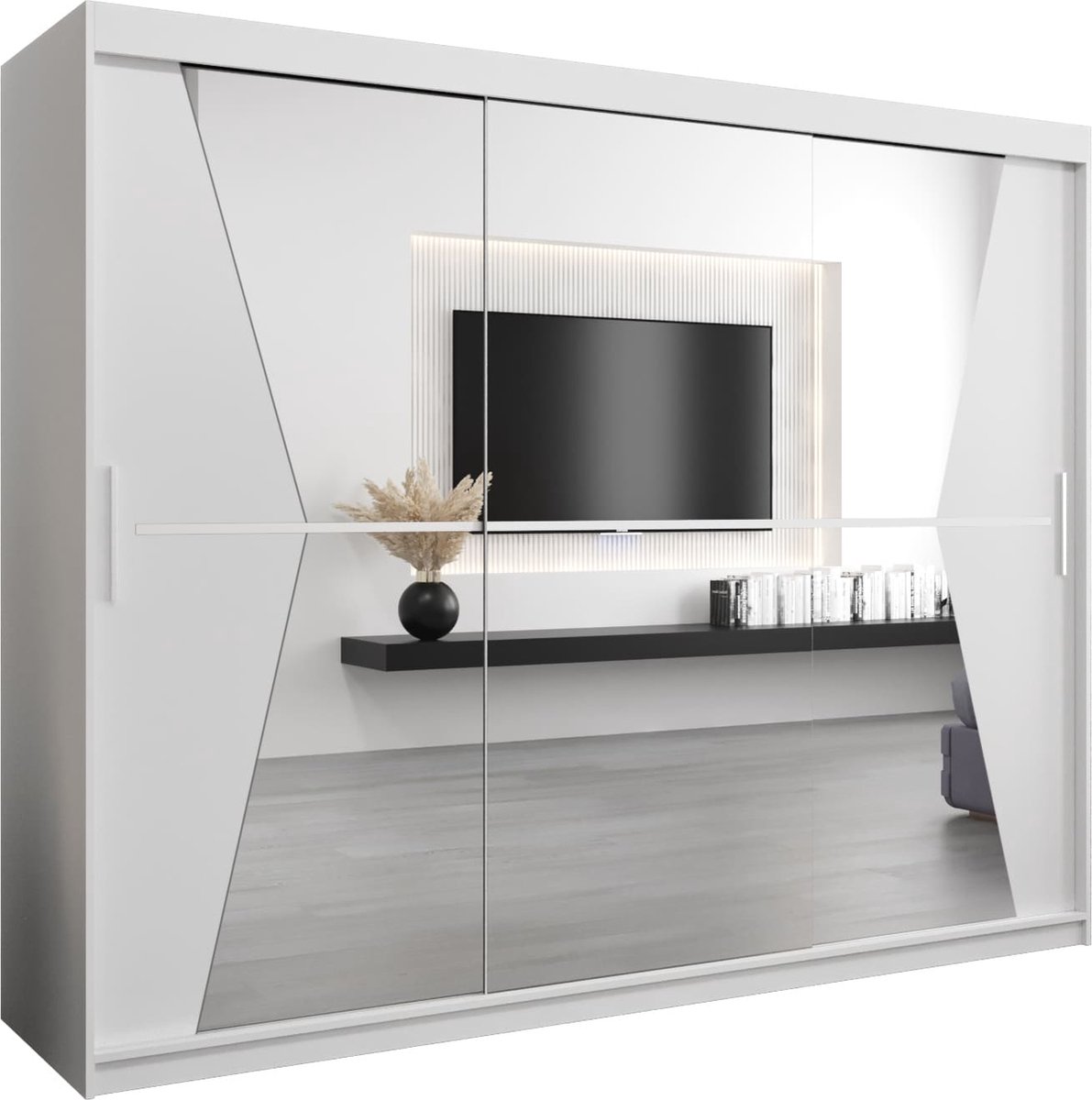 InspireME Kledingkast met 3 schuifdeuren, Modern-stijl, Een kledingkast met planken en een spiegel (BxHxD): 250x200x62 - TOTO 250 Wit Mat mat 4 lades