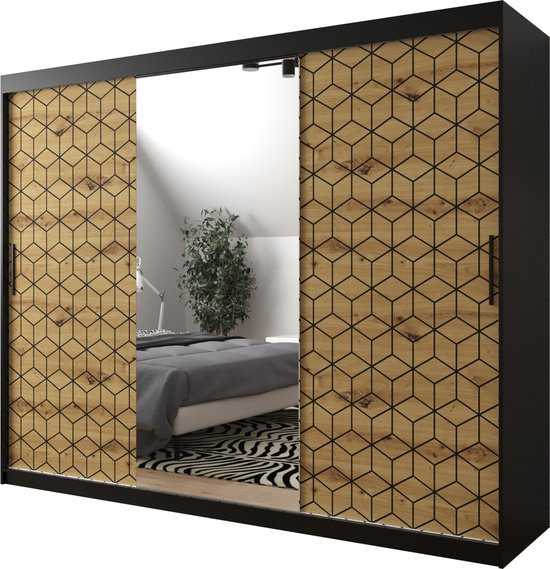 InspireMe - Kledingkast met 3 schuifdeuren, Modern-stijl, Een kledingkast met planken en een spiegel (BxHxD): 250x200x62 - GIPS T2 250 Zwart Mat + Artisan Eik