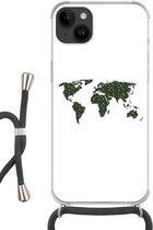 Geschikt voorApple Iphone 14 Plus - Crossbody Case - Wereldkaart - Groen - Bladeren - Siliconen - Crossbody - Backcover met Koord - Telefoonhoesje met koord - Hoesje met touw