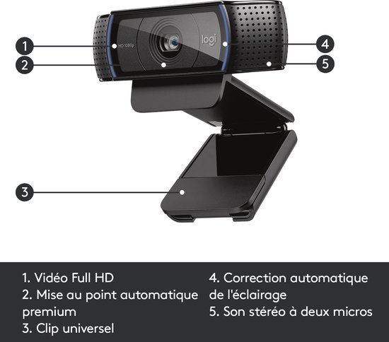 Webcam Logitech C920 noire avec accents bleus, étiquetée 1: Vidéo Full HD, 2: Mise au point automatique premium, 3: Clip universel, 4: Correction automatique de l'éclairage, 5: Son stéréo à deux micros.