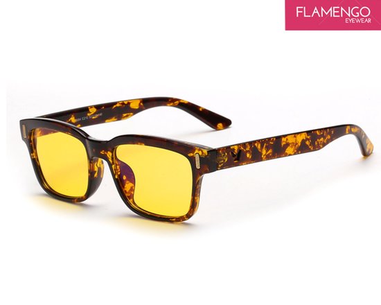 FLAMENGO Night Vision - Bril Nachtbril Auto –Autobril– Polarisende Nachtbril - Nachtblind – Gele Bril voor Autorijden -Oogbescherming Computer Gamen - Geschikt voor dames/heren – Stijlvol Design – Lichtgewicht Compact - Bruin - incl. brillenzakje
