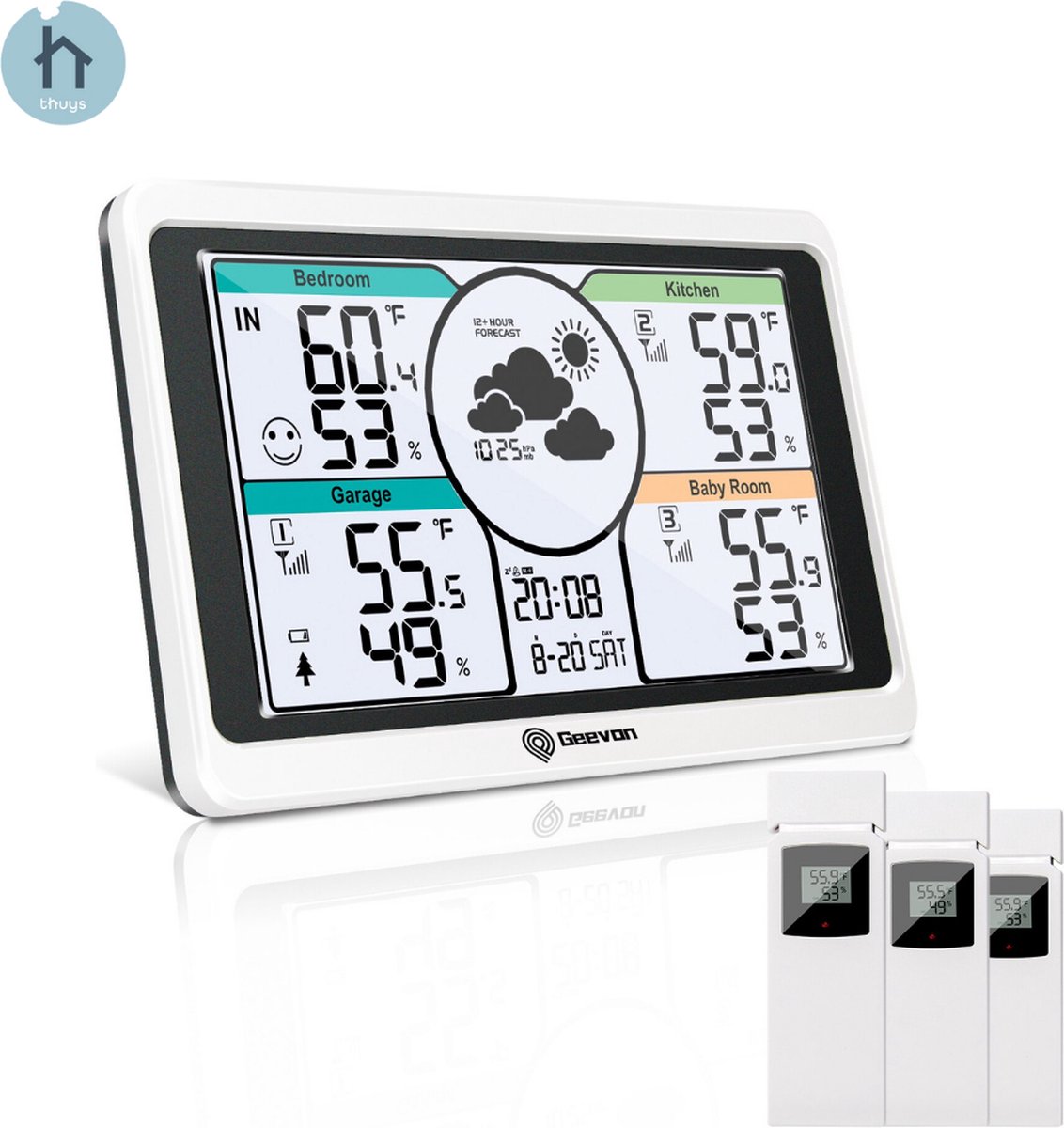 Temperatuurmeter Binnen - Weerstation Binnen en Buiten Digitaal - Weerstation Draadloos Binnen Buiten 7.5 Inch - 3 Sensoren - 60M Bereik - Luchtdruk - Voorspellingen - Oplaadpoort - Wekker