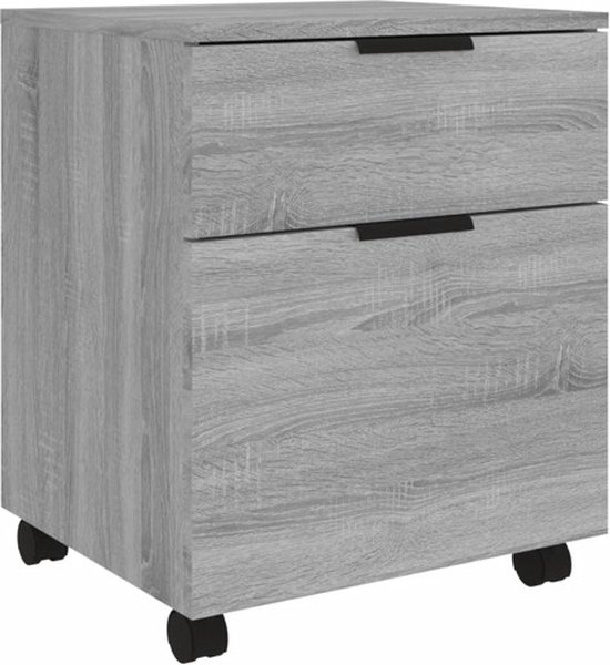 Grijze archiefkast met 2 laden, zwarte handgrepen en wieltjes.