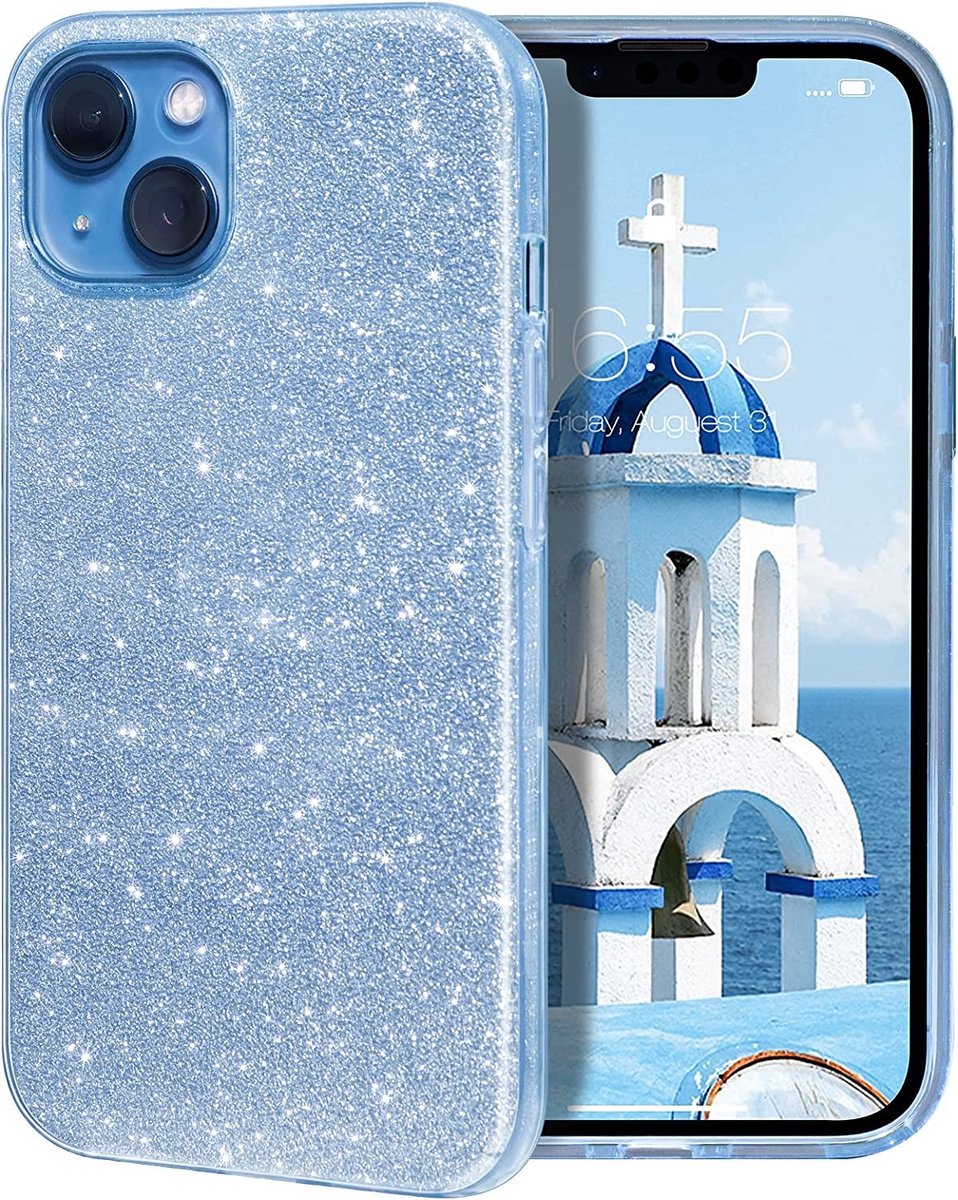 Geschikt voor iPhone 13 hoesje glitter backcover – Blauw – oTronica