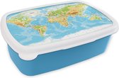 Broodtrommel Blauw - Lunchbox - Brooddoos - Wereldkaart - Staatkundig - Blauw - Aarde - Educatief - 18x12x6 cm - Kinderen - Jongen