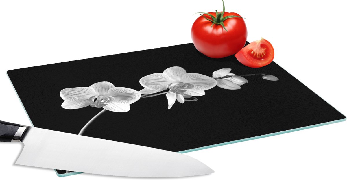 Glazen Snijplank - 28x20 - Orchidee - Bloemen - Zwart - Roze - Knoppen - Snijplanken Glas